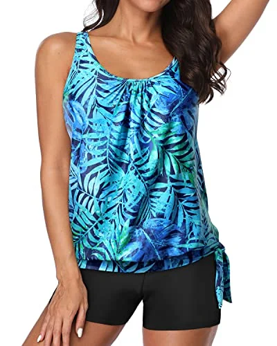 Plus Size Women's Print - Blocked Swim Tops in Multicolor for a Trendy and Fashion - Forward LookBoyleg Bottoms Padded Bra Tankini Bathing Suit For Women-Dark Blue Green Leaves