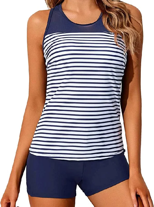 Women's Cut - Out Swim Tops in White with Geometric Shapes for an Edgy Beach StyleSporty Tummy Control Tankini Swimsuits For Teens-Blue White Stripe