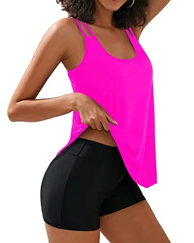 Women's Mesh - Inserted Swim Tops in Black for a Sexy and Modern Beach EnsembleTummy Control Swimwear Tankini Top & Boy Shorts Juniors Bathing Suit-Hot Pink