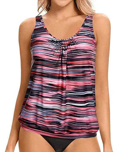 Women's Sheer - Paneled Swim Tops in Blue for a Flirty and Alluring Poolside LookSwim Top Blouson Tankini Top No Bottom Loose Fit-Pink Stripe