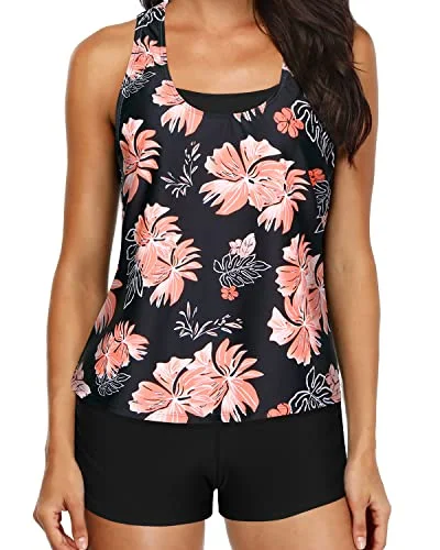 Plus Size Women's Ruched Swim Tops in Green for a Comfortable and Stylish Beach OutfitPush Up Padded Tankini Tank Tops Bra And Boyshorts-Black Orange Floral