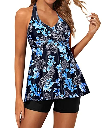 Women's Cut - Out Swim Tops in White with Geometric Shapes for an Edgy Beach StyleTwo Piece Halter Neck Tankini Bathing Suits For Women Shorts-Black Floral