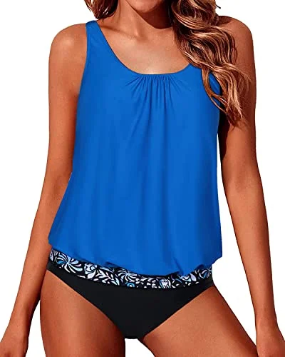 Women's Crochet - Trimmed Swim Tops in White for a Boho - Inspired Beach OutfitLoose Fit Swimwear Blouson Tankini For Women-Bright Blue And Black Floral