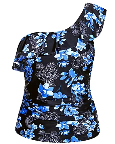 Women's Cut - Out Swim Tops in White with Geometric Shapes for an Edgy Beach StyleFlattering One Shoulder Tankini Top For Women Long Torso-Blue Paisley