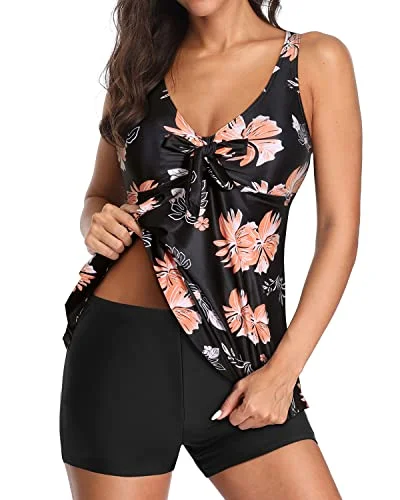 Plus Size Women's Ruffled Bikini Tops in Floral Print for a Feminine Beach LookModest Flowy Tankini Bathing Suits V Neck Swim Tops For Women-Black Orange Floral