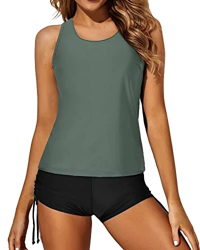 Women's Sheer - Paneled Swim Tops in Blue for a Flirty and Alluring Poolside Look3 Piece Tankini Swimsuits For Women Backless Swim Top Boyshorts And Bra-Army Green And Black