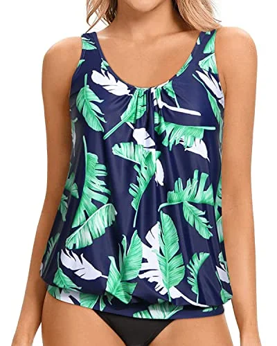 Plus Size Women's Ruffled Bikini Tops in Floral Print for a Feminine Beach LookWomen's Tankini Tops Modest And Flattering Blouson Style-Blue Leaf