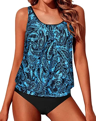 Women's High - Neck Swim Tops in Navy with Zipper for a Sleek and Sporty LookModest Bathing Suits Loose Fit Blouson Tankini Swimsuits For Women-Blue Paisley