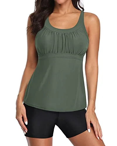 Women's High - Neck Swim Tops in Navy with Zipper for a Sleek and Sporty LookU Neck Swim Tank Top Racerback And Boyshort Swimwear For Women-Army Green And Black