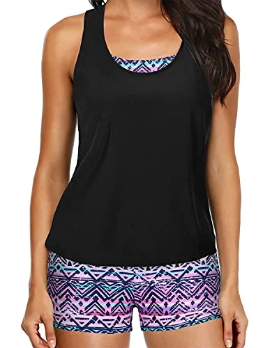 Women's High - Neck Swim Tops in Navy with Zipper for a Sleek and Sporty LookWomen's Slimming Tankini Boyshorts And D-Ring Strappy Tankini-Black And Tribal Purple