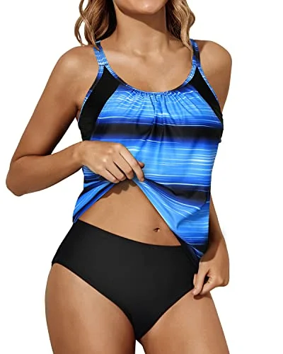 Women's Mesh - Inserted Swim Tops in Black for a Sexy and Modern Beach EnsembleTwo Piece Tankini Swimsuits Removable Pads Bathing Suits For Teen-Blue And Black Stripe