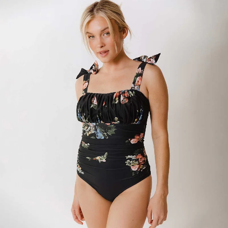 Women's Lace - Embellished One - Pieces in Cream for a Romantic and Vintage - Inspired LookRuched Bow One-Piece, Rose Black