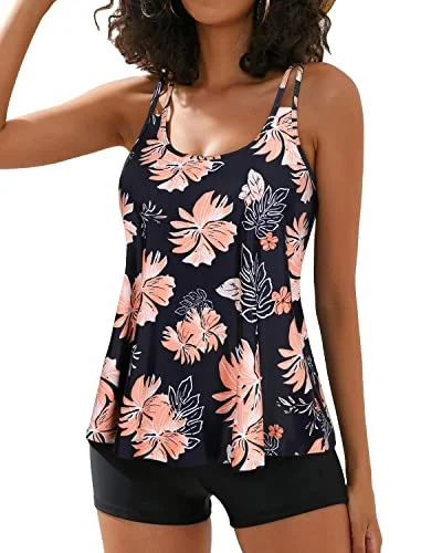 Women's Cut - Out Swim Tops in White with Geometric Shapes for an Edgy Beach StyleModest Tankini Top Boy Shorts For Tummy Control Swimwear-Black Orange Floral