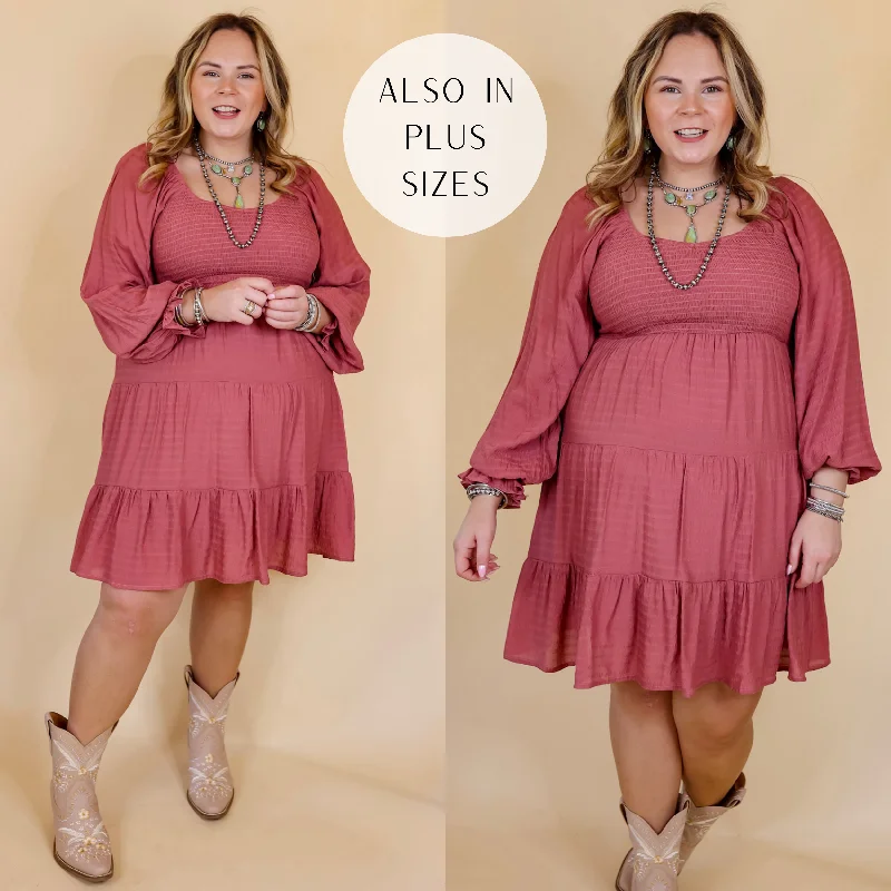 Last Chance Size XL & 1XL | Day Cafe Smocked Bodice Long Sleeve Tiered Dress in Mauve