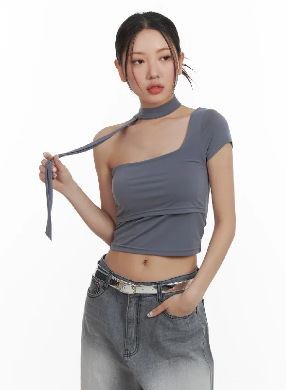 Velvet Women's Crop Top in Purple for a Luxurious and Rich - Hued Winter LookOne Shoulder Crop Tee with Thin Scarf CA416