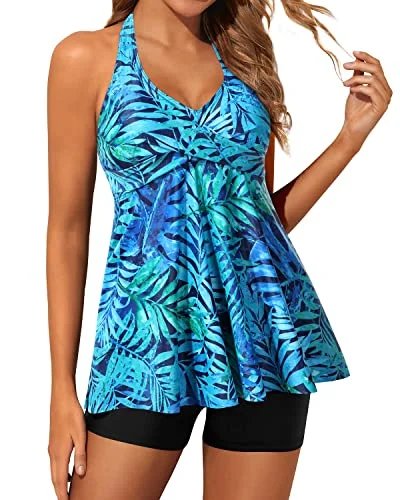 Women's Cut - Out Swim Tops in White with Geometric Shapes for an Edgy Beach StyleTwo Piece Tankini Swimsuits For Women Shorts Flowy Twist Front Swimwear-Dark Blue Green Leaves