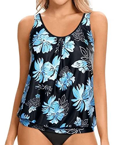 Plus Size Women's Print - Blocked Swim Tops in Multicolor for a Trendy and Fashion - Forward LookTankini Tops For Women Blouson Style Modest And Athletic-Black Blue Floral