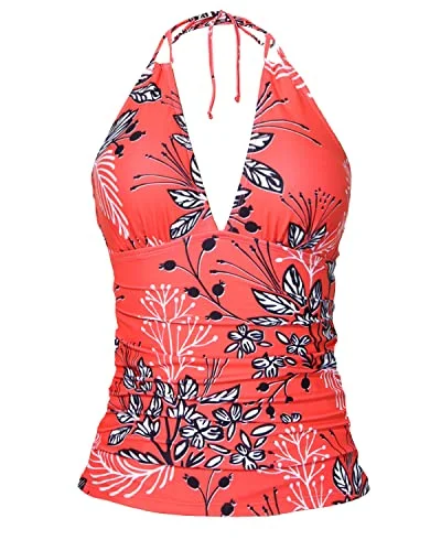 Women's Crochet - Trimmed Swim Tops in White for a Boho - Inspired Beach OutfitSlimming Double Strap Front Shirred Open Back Tankini Tops For Women Swimwear-Red Floral