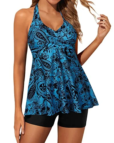 Plus Size Women's Print - Blocked Swim Tops in Multicolor for a Trendy and Fashion - Forward LookTwist Front Tankini Swimsuits For Women Boy Shorts Two Piece Swimwear-Black And Tribal Blue