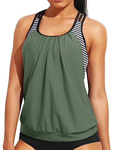 Women's Mesh - Inserted Swim Tops in Black for a Sexy and Modern Beach EnsembleDouble Layer Tankini Top Only Modest Round Neck Bathing Suit Top-Amry Green