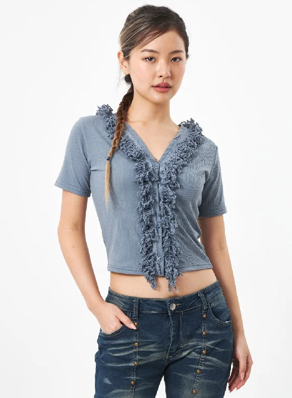 Crochet - Knit Women's Crop Top in Cream for a Bohemian and Artisanal LookFringe Button Top CA304