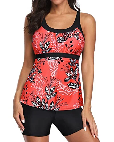 Plus Size Women's Ruched Swim Tops in Green for a Comfortable and Stylish Beach OutfitU Neck Swim Tank Top Tummy Control And Boyshorts Modest Swimwear-Red Floral