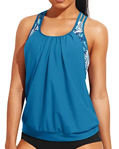 Women's Halter Neck Swim Tops with Tie - Back in Neon Colors for a Bold Summer VibeLadies Double Layer Round Neck Tankini Top Sporty Bathing Suit Top-Blue Leaf