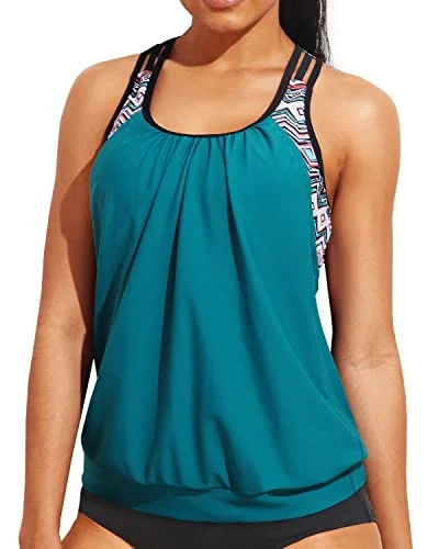 Plus Size Women's Print - Blocked Swim Tops in Multicolor for a Trendy and Fashion - Forward LookLadies Blouson Tankini Top Double Up Swim Top Sporty Bathing Suit Top-Green Geometric