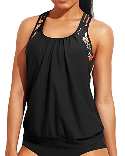 Women's Cut - Out Swim Tops in White with Geometric Shapes for an Edgy Beach StyleBlouson Tankini Top Only Sporty Bathing Suit Top No Bottoms-Black Floral