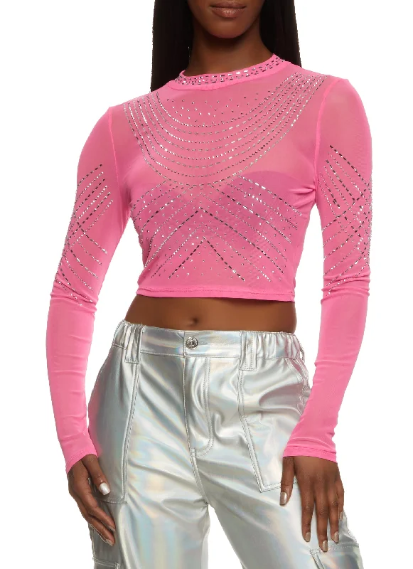 Plus - Size Women's Ruffled Crop Top in Pink for a Feminine and Flirty AppearanceSheer Mesh Rhinestone Crop Top