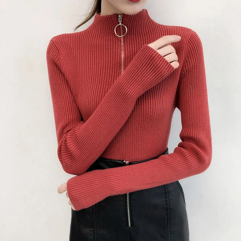 Short Sleeve Women's Cotton Blend Sweaters in Pastel ColorsHalf turtleneck ring zipper slim fit long sleeves knitted sweater top