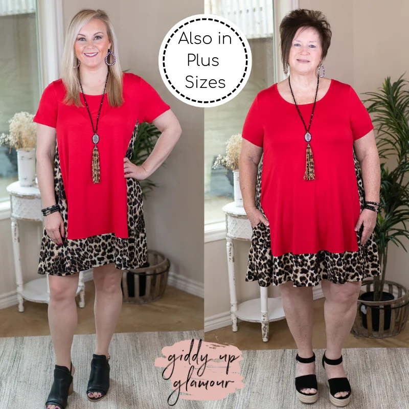 Last Chance Size S & M | It's My Way Solid Dress with Leopard Print Trim in Red