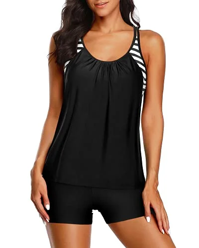 Women's Halter Neck Swim Tops with Tie - Back in Neon Colors for a Bold Summer VibeLayered Tankini Top Boy Shorts Casual Tankini Set-Black