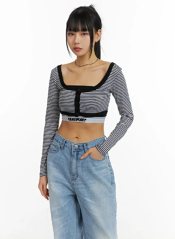 Sleeveless Women's Linen Crop Top in Natural for a Breathable and Casual Summer StyleRound Neck Striped Long Sleeve Crop Top CM407