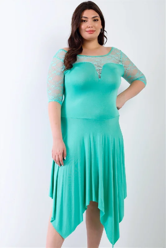 Plus Mint Lace Details Handkerchief Hem Midi Dress