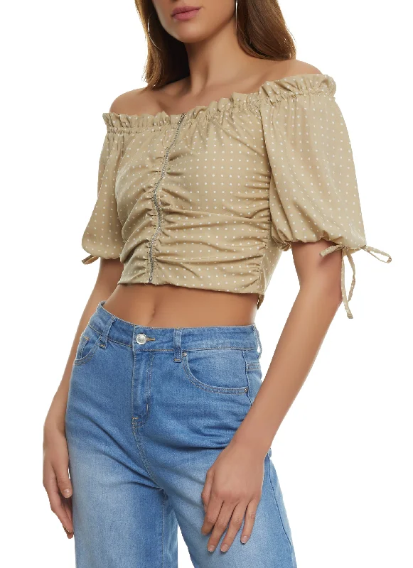 Crochet - Knit Women's Crop Top in Cream for a Bohemian and Artisanal LookPolka Dot Ruched Zip Front Off the Shoulder Top