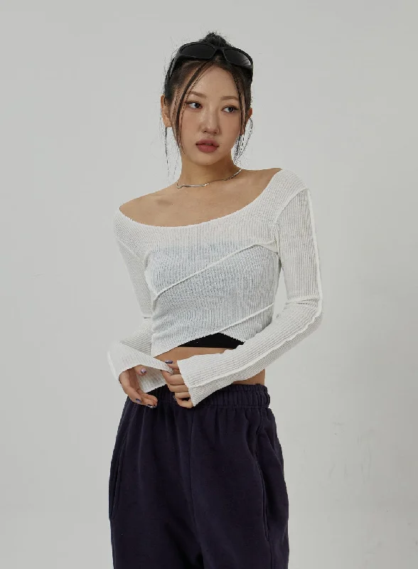 Crochet - Knit Women's Crop Top in Cream for a Bohemian and Artisanal LookOff-Shoulder Mesh Cropped Top CD20