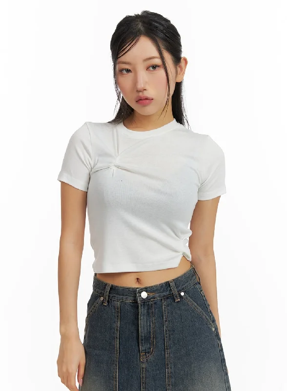 Striped Women's Crop Top in Navy and White for a Nautical and Timeless StyleRound Neck Asymmetrical Hem Short Sleeve Tee CM408