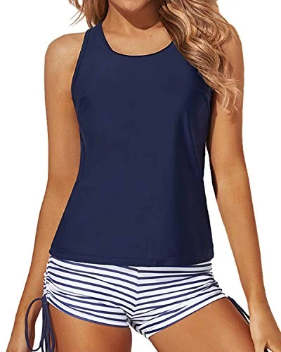 Women's High - Neck Swim Tops in Navy with Zipper for a Sleek and Sporty LookWomen's O-Ring Detail Tankini Swimsuits Boy Shorts And Bra-Blue White Stripe