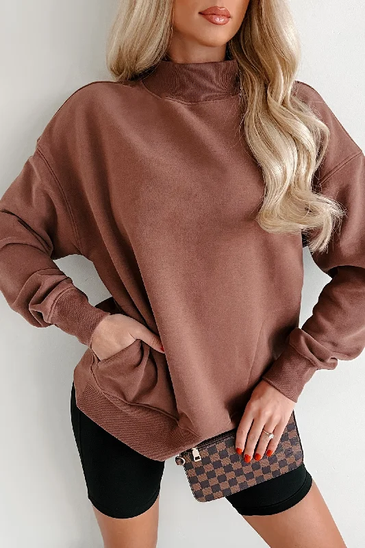 Organic Cotton Women Long Sleeve Top for Eco - Friendly ComfortCool Without Trying Mock Neck Sweatshirt With Pockets (Cocoa)