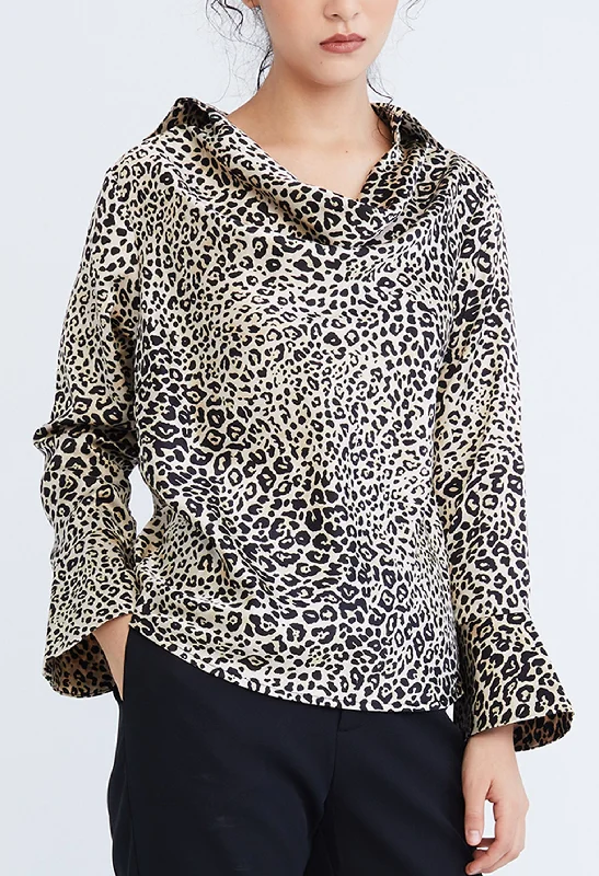 Ribbed Women Long Sleeve Top with a Textured AppealLeopard Spotted Cowl Drop Neckline Blouse