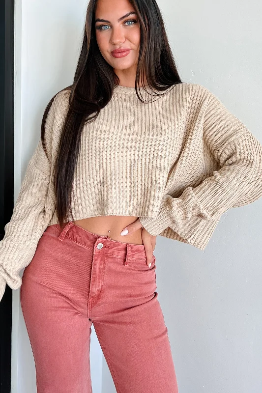 Mock Neck Women Long Sleeve Top for a Modern AestheticCoziest Memories Crewneck Crop Sweater (Taupe)