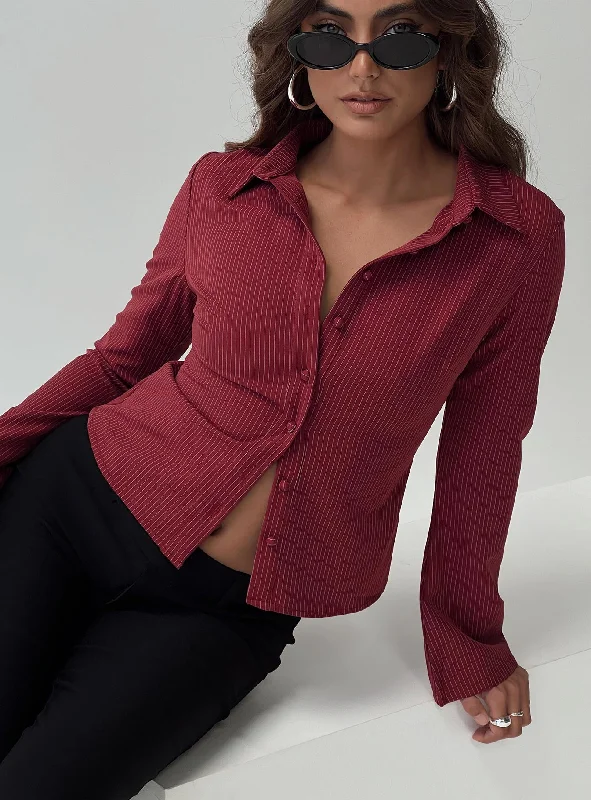 Turtleneck Women Long Sleeve Top for Cold Winter DaysAnni Pinstripe Shirt Red