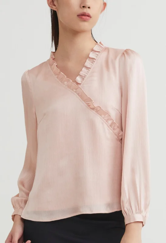 Lightweight Women Long Sleeve Top for Spring and AutumnRuffled Faux Wrap Long Sleeve Blouse