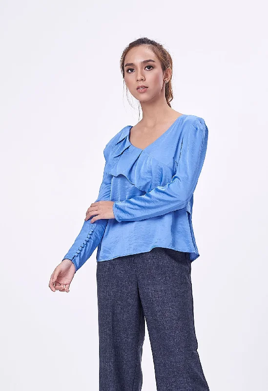 Mock Neck Women Long Sleeve Top for a Modern AestheticAsymmetrical Ruffle Puff Sleeve Blouse