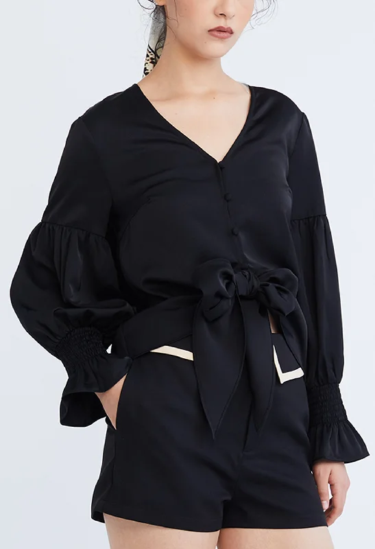 Lace - Trimmed Women Long Sleeve Top for an Elegant LookDainty Elastic Cuff Front Tie Blouse