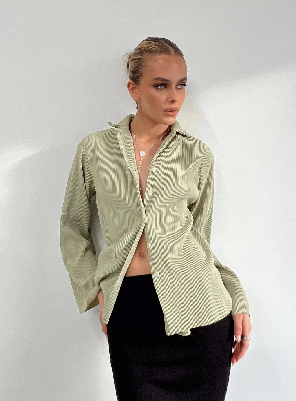 Lace - Trimmed Women Long Sleeve Top for an Elegant LookLouie Pleated Shirt Sage