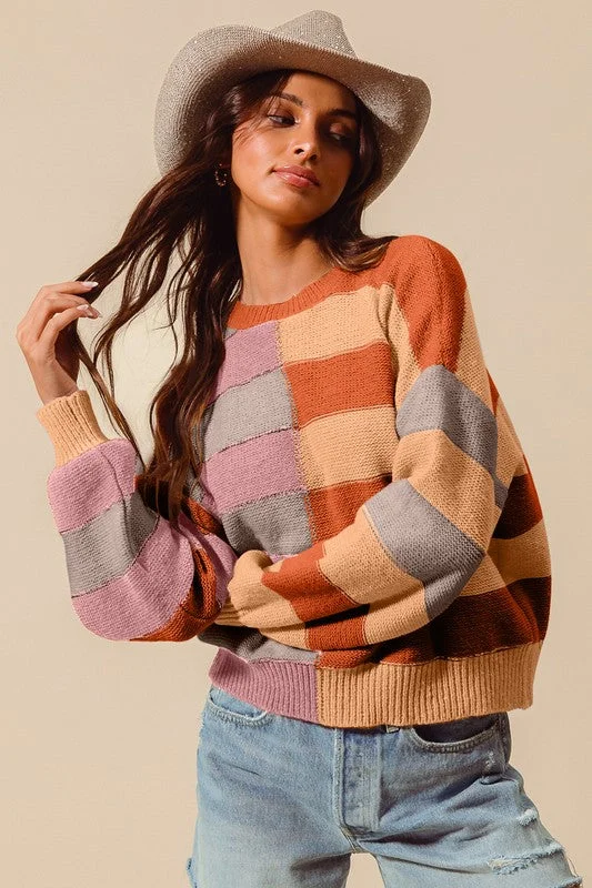 Lightweight Women Long Sleeve Top for Spring and AutumnROMAN MULTI COLOR STRIPE HALF BLOCK SWEATER TOP S-XL