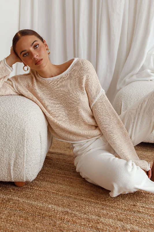 Ruffled Cuff Women Long Sleeve Top with a Feminine TouchSitting Pretty Drop Sleeve White Trim Knit Sweater Stone