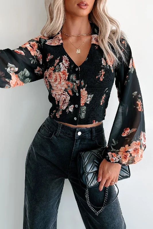 Metallic Accent Women Long Sleeve Top for a Glamorous LookFall Blooms Smocked Buttoned Floral Top (Black)